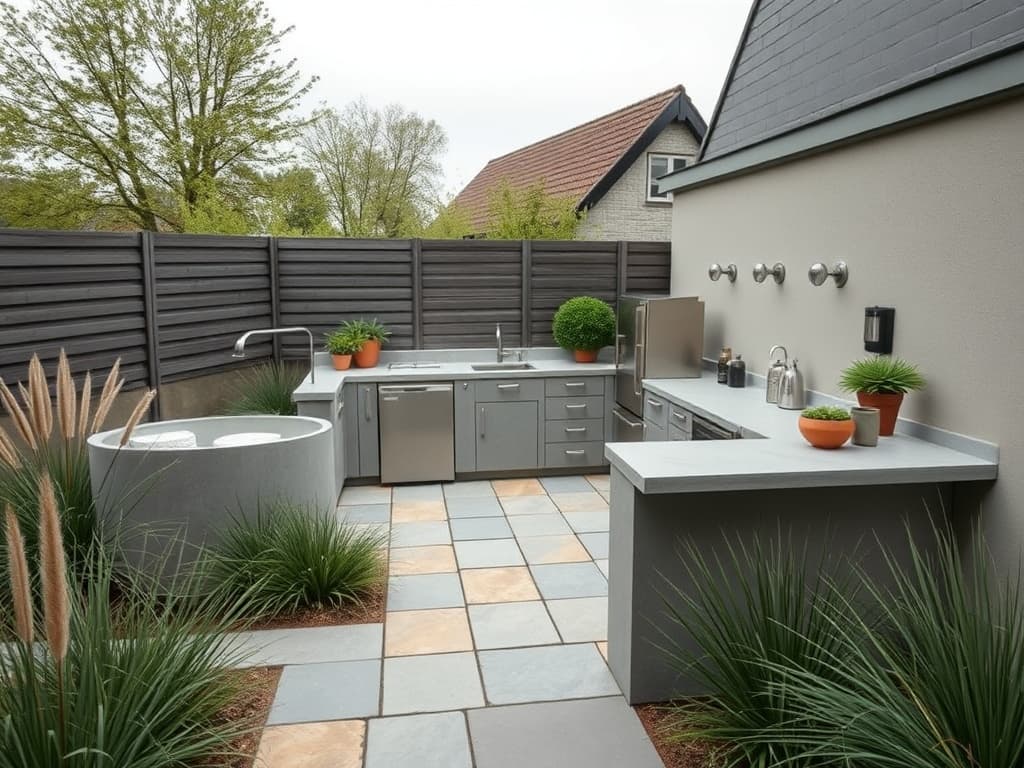 Complete buitenkeuken L-opstelling — conceptweergave